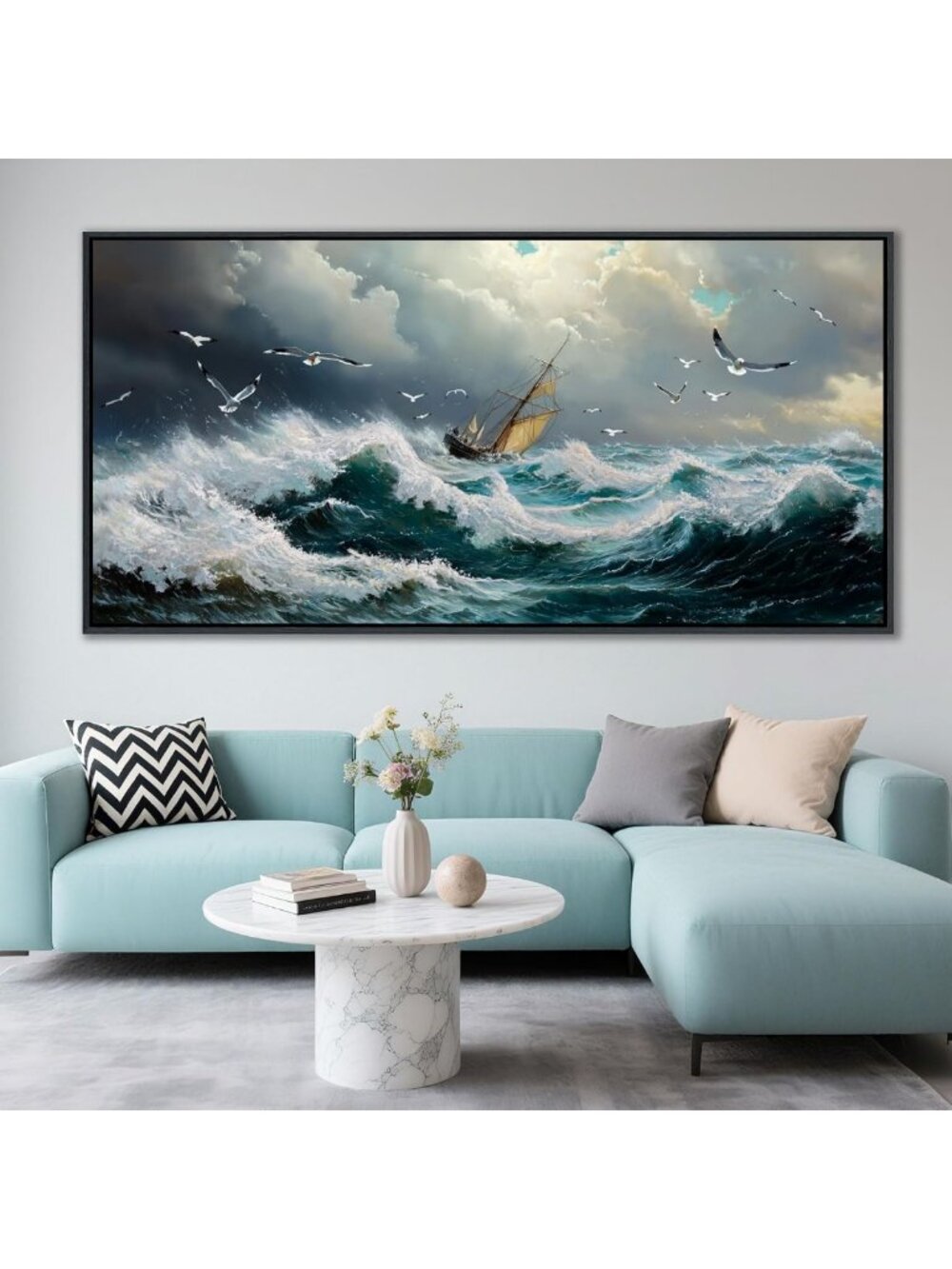 Large Retro Nautical Sailboat Canvas Art - Textured Coastal Wall Decor 29x58